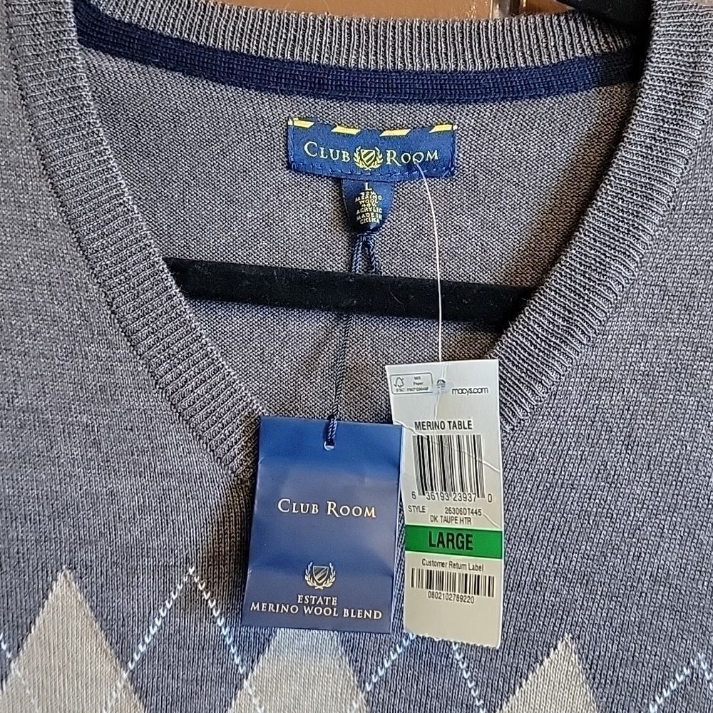Club Room- Merino Wool Blend dk brown, light brown, tan sweater Large NWT - Picture 2 of 4